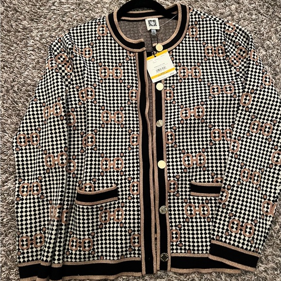 Anne Klein Sweaters - Anne Klein Black, White & Tan Geometric Knit Cardigan with Gold Buttons